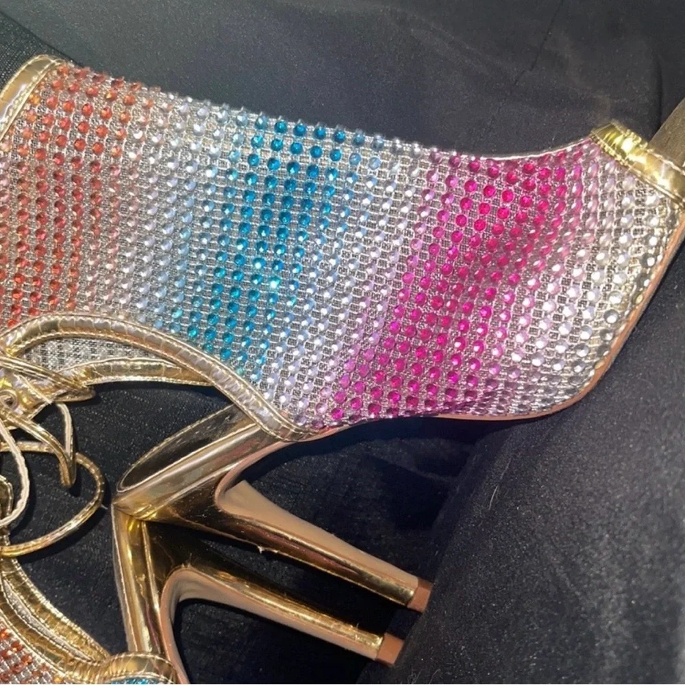 Liliana Multicolor Rhinestone Open-Toe Stiletto Booties - Picture 3 of 5